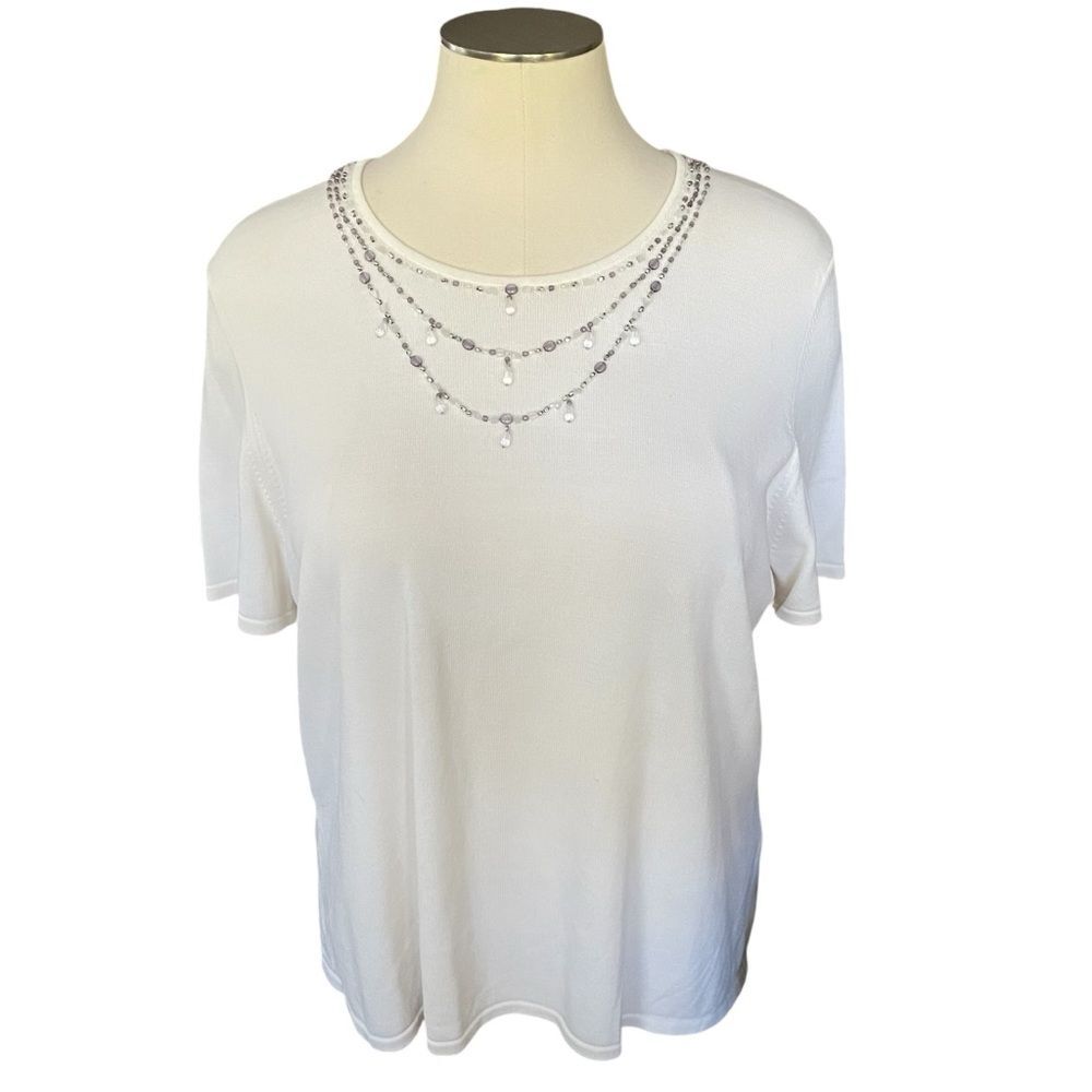 Alfred Dunner White Beaded Jeweled Neck Short Sleeve Sweater Top Women's Size 2X